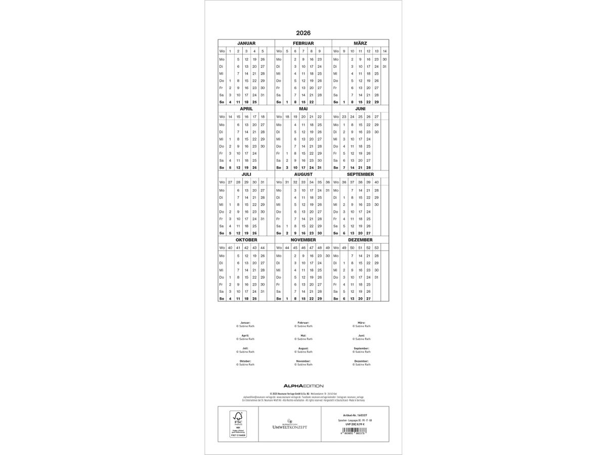 ALPHA EDITION Familienplaner 2026 160337 Kätzchen 19.5x45cm (4069095003378)
