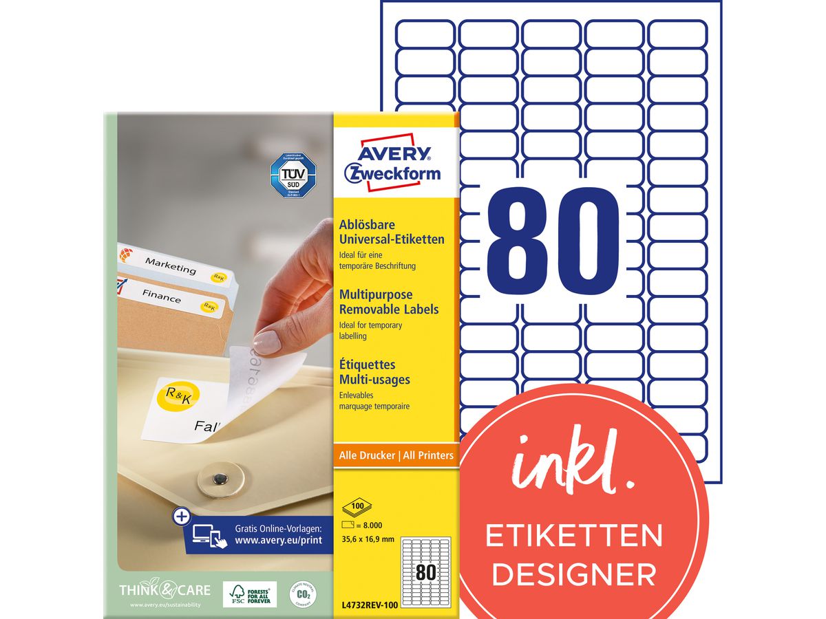 AVERY ZWECKFORM Étiquett.univers. 35,6x16,9mm L4732REV-100 blanc,non-perm. 8000p./100fl. (4004182433287)
