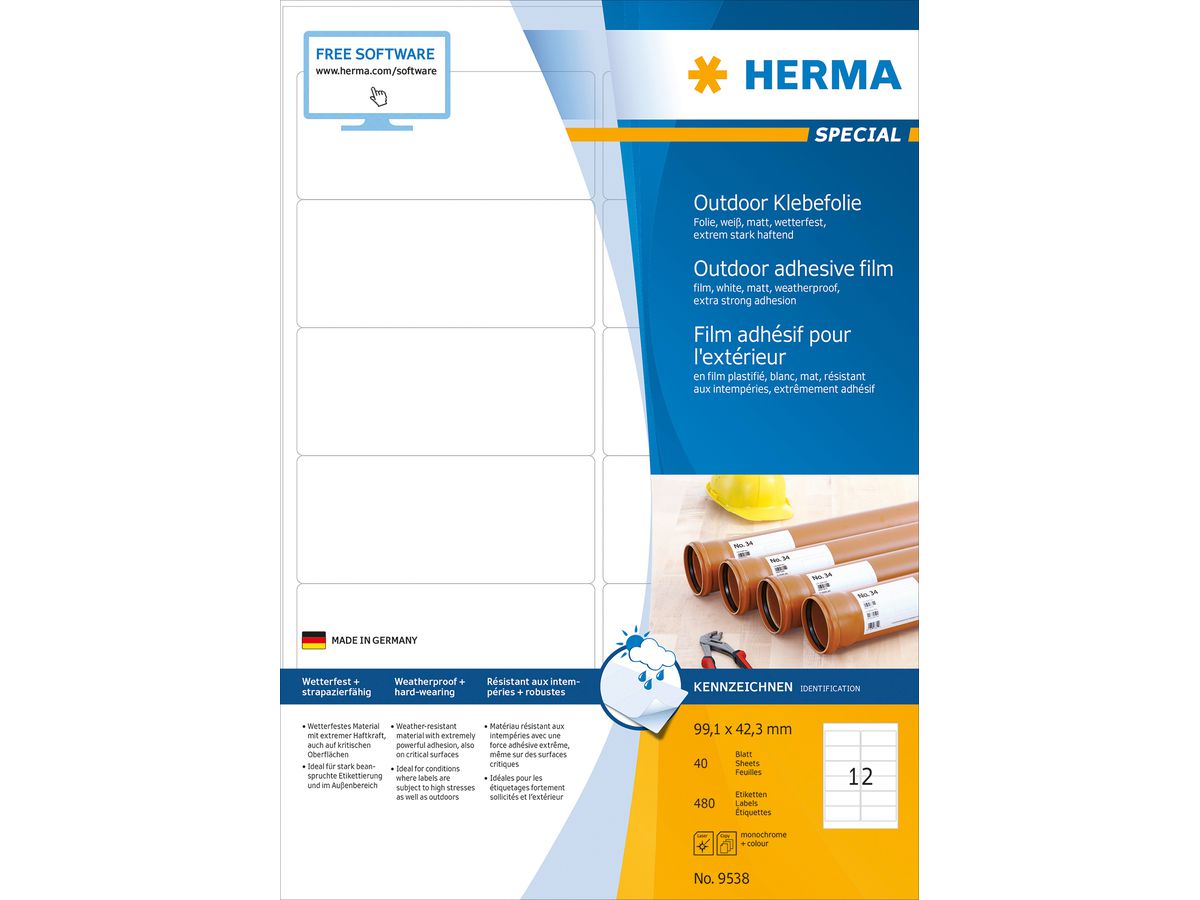 HERMA Etiquettes film 99,1x42,3mm 9538 blanc,PP mat 480 pcs./40 flls. (4008705095389)