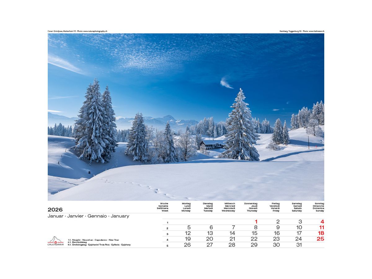 CALENDARIA Calendrier 2026 9783036205076 Schweiz-Suisse ML 40x31cm (9783036205076)