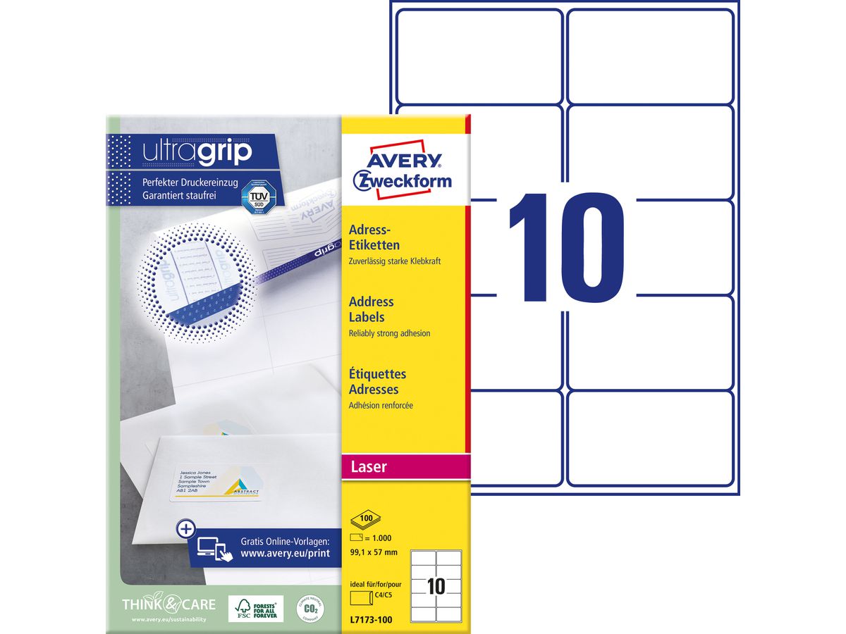AVERY ZWECKFORM Etiquettes adress. 99,1x57mm L7173-100 blanc 1000 pcs./100 flls. (4004182471739)