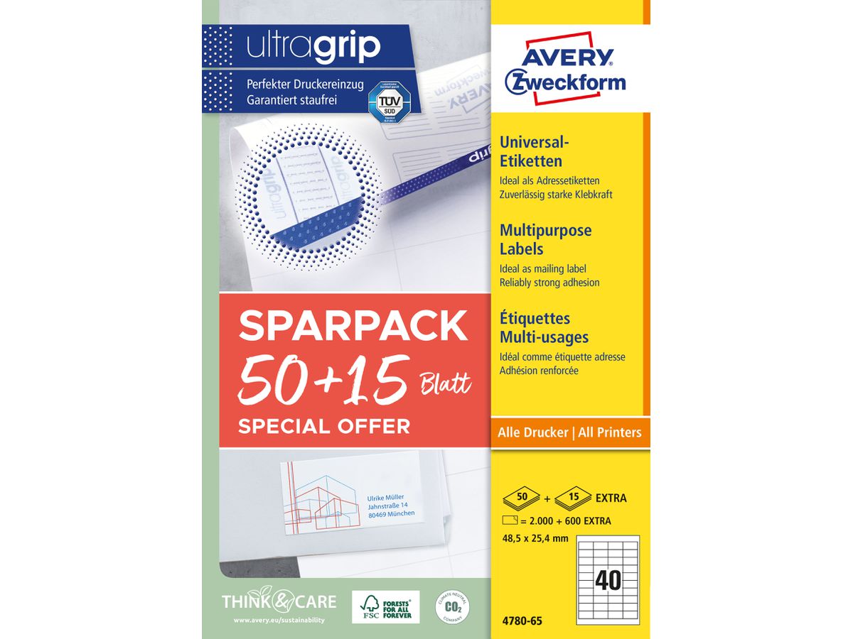 AVERY ZWECKFORM Universal-Etiketten 485x254mm 4780-65 weiss 50+15 Blatt (4004182347805)