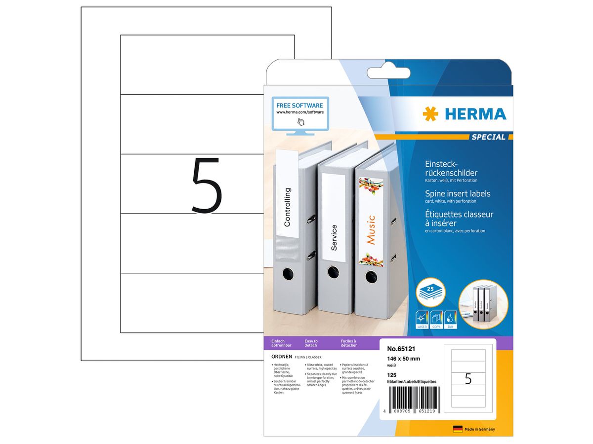 HERMA Rückenschild Ordner 146x50mm 65121 weiss 125Stk/ 25Blatt (4008705651219)