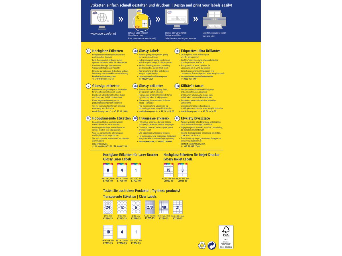 AVERY ZWECKFORM Etichette 88,9x63,5mm C6081-10 bianco, glossy 80 pezzi (4004182060810)
