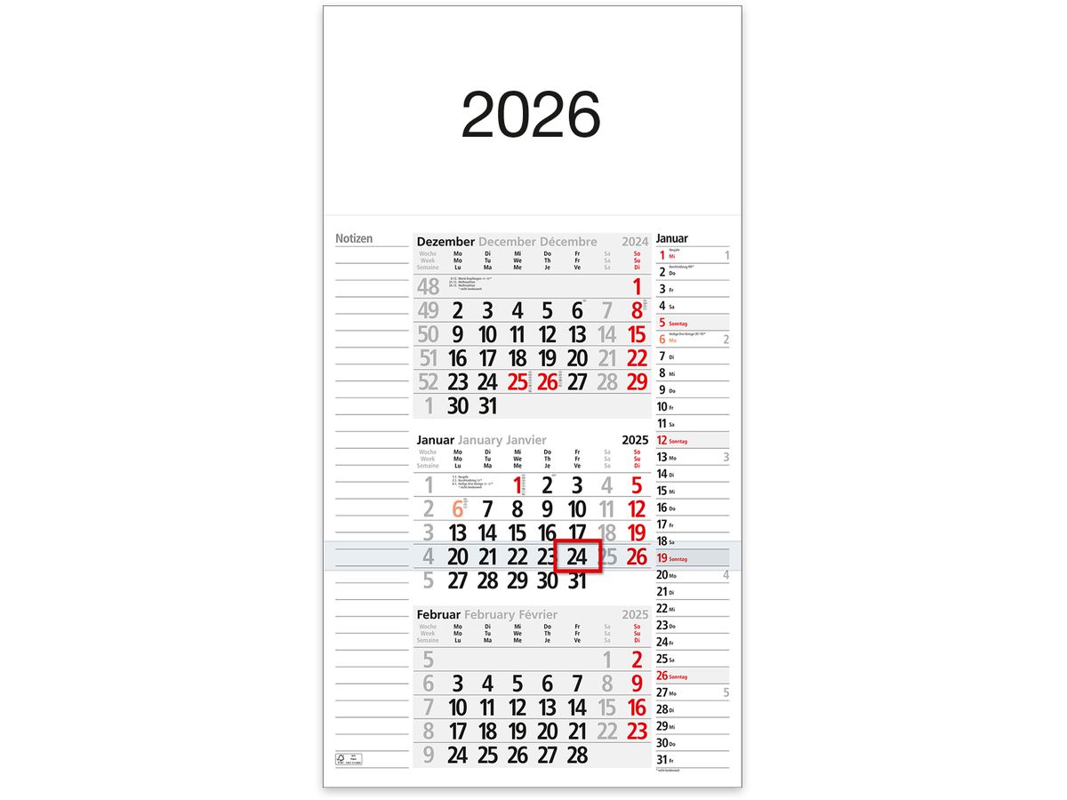 BÜHNER Calendrier de 3 mois 2026 M3KPNBL-R-FS ML 30x56cm (4260256370302)