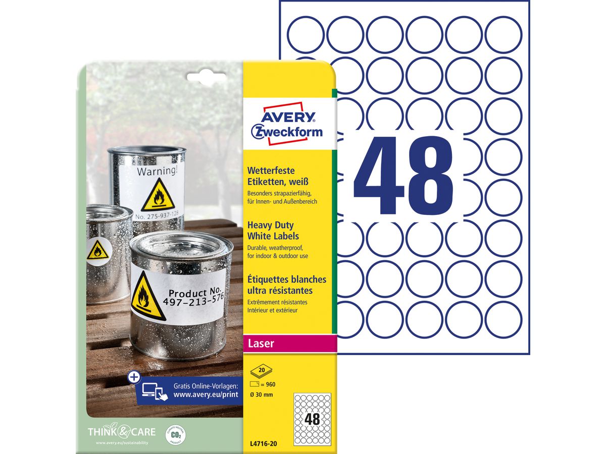 AVERY ZWECKFORM Etichette foglia 30mm L4716-20 bianco, perm. 960 pz./20f. (4004182048351)