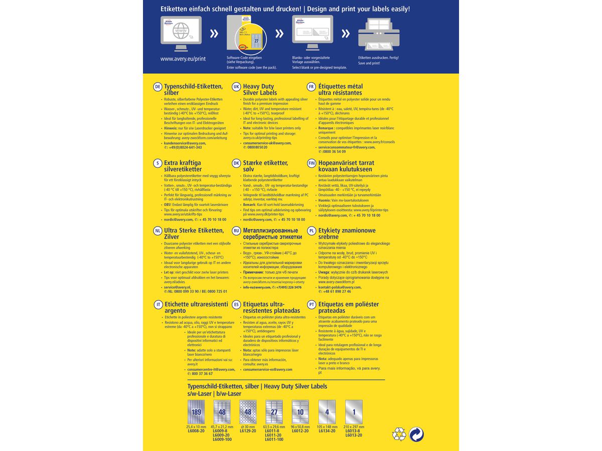 AVERY ZWECKFORM Typenschild-Labels 63,5x29,6mm L6011-8 silber 216 Stück/8 Blatt (4004182076125)