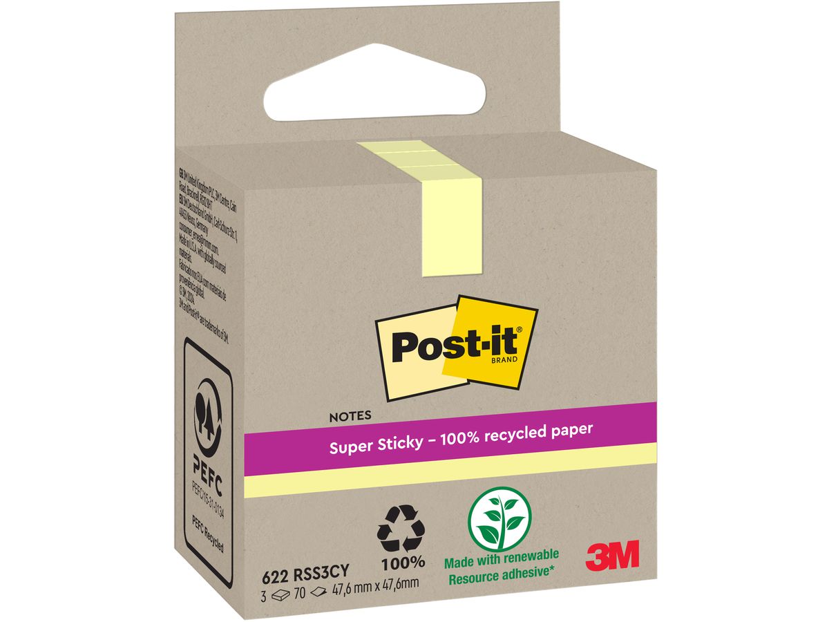 POST-IT SuperSticky Notes 47.6x47.6mm 622 RSS3CY Recycling,gelb 3x70 Blatt (4064035059675)