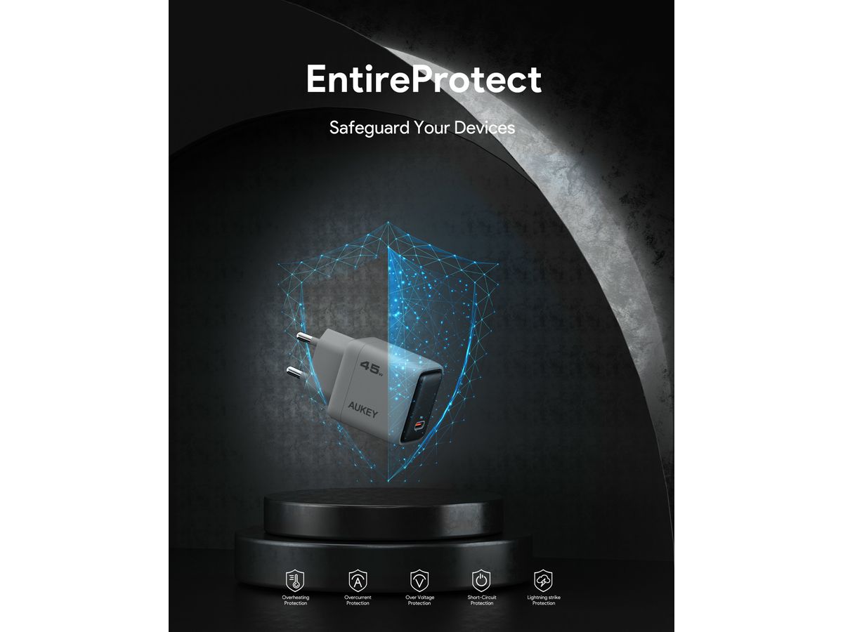 AUKEY Comet 45W GaN PD PA-C2 1-Port, Wall Charger Grey (0689323788187)