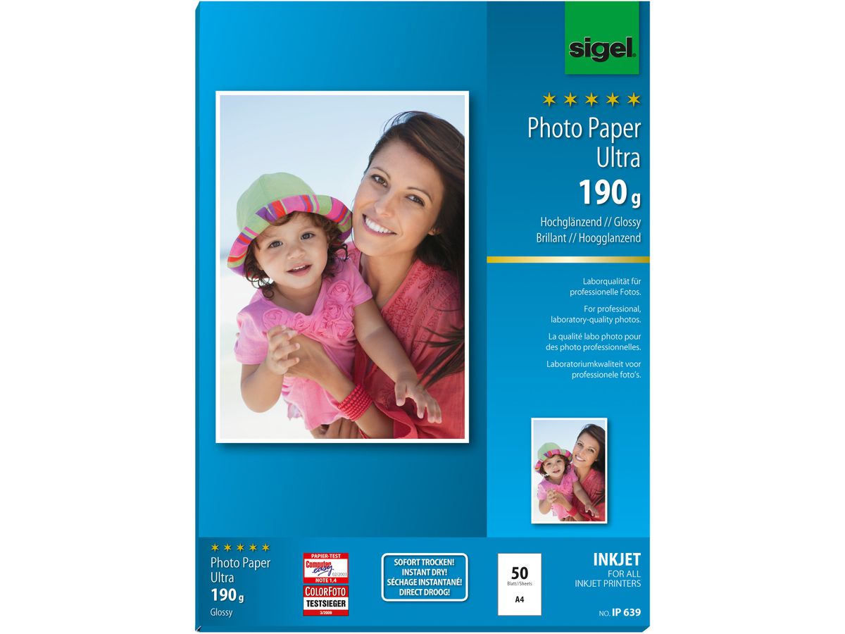 SIGEL InkJet Photo Paper A4 IP639 190g,glossy, blanc 50 feuilles (4004360996559)