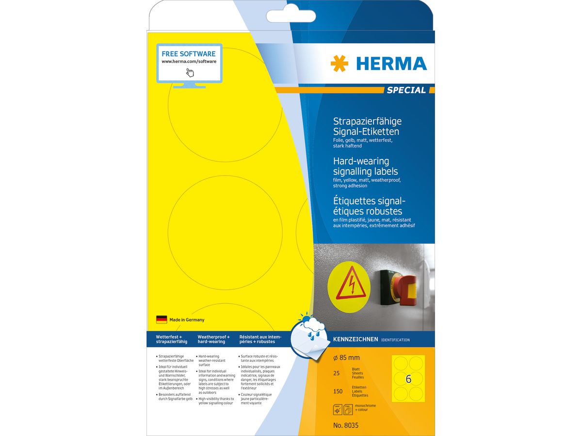 HERMA Étiquettes SPECIAL 85x85mm 8035 jaune,extr.perm. 150pcs./25 f. (4008705080354)