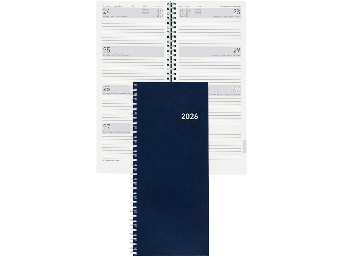 BIELLA Agenda Twist Wire-O 2026 803336050026U 1S/2P bleu ML 13.5x31.5cm (7611365523702)