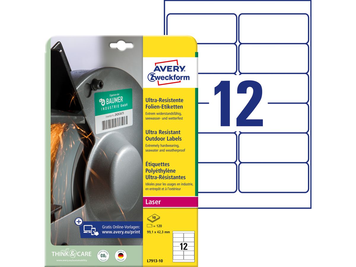 AVERY ZWECKFORM Etiketten 99,1x42,3mm L7913-10 weiss,ultra-resistent 10 Blatt (4004182068069)
