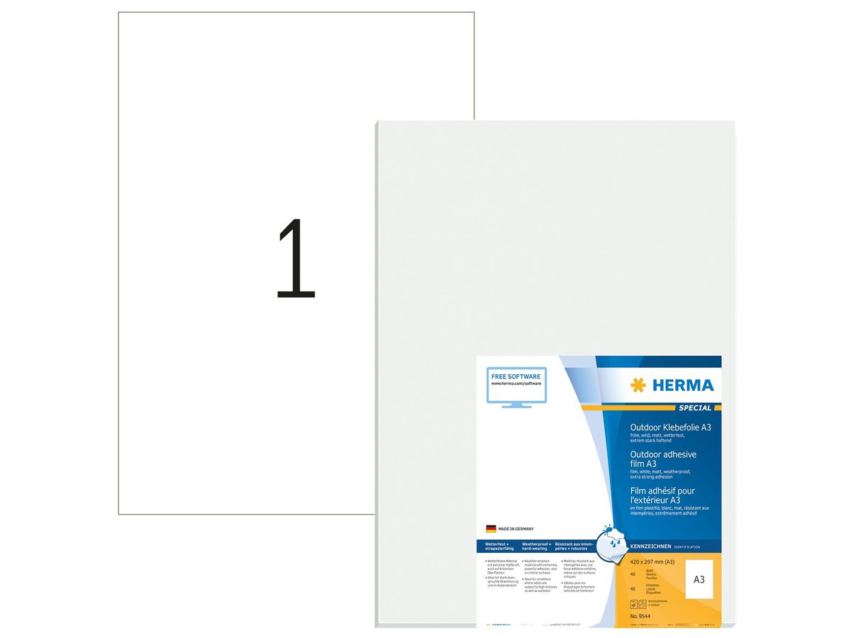HERMA Etichette foglia 297x420mm 9544 bianco,PP mat 40 pz./40 fogli (4008705095440)