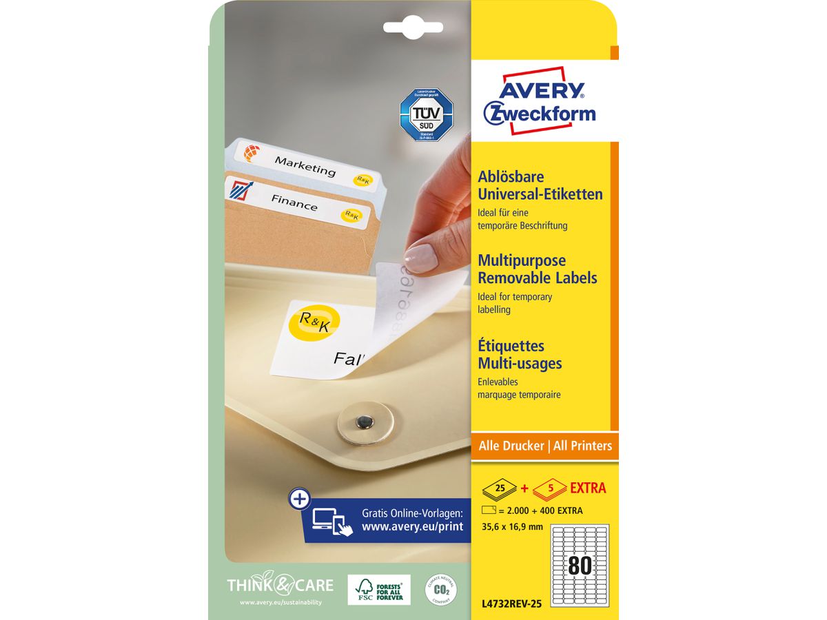 AVERY ZWECKFORM Universal-Etikett. 35.6x16.9mm L4732REV-25 weiss 2400 Stk./25 + 5 Blatt (4004182047323)
