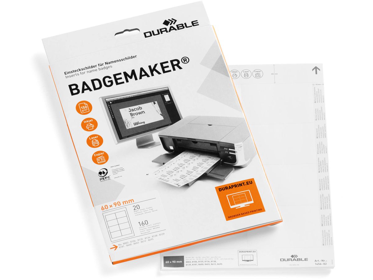 DURABLE Etiquettes Badgemaker 145602 blanc, 60x90mm 20flls./8pcs. (4005546140568)
