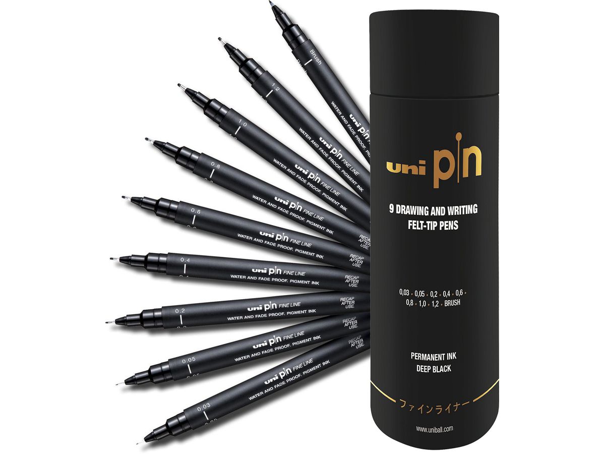 UNI-BALL Fineliner Pin Set PIN2009P schwarz, Tube 9 Stück (3296280048659)