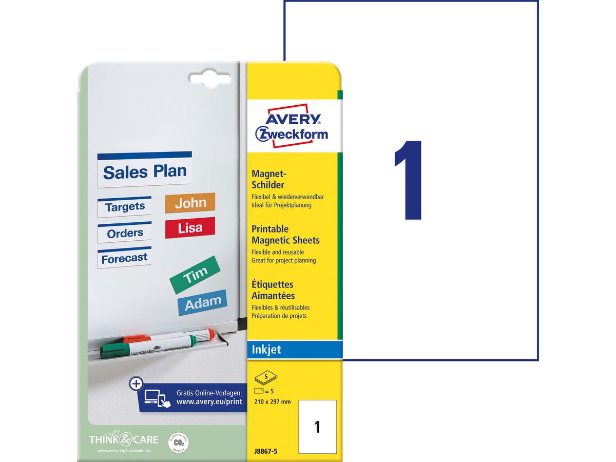 AVERY ZWECKFORM Magnet-Schilder 210x297mm J8867-5 Inkjet 5 Stk./5 Bl. (4004182234396)