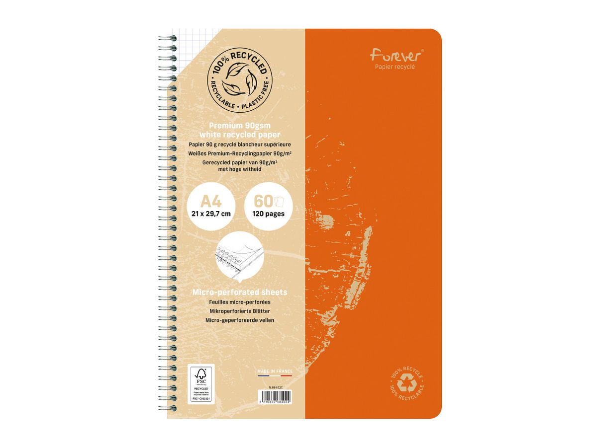 CLAIREFONTAINE Cahier spirales FOREVER A4 68402C quadrillé, assorti 60 f. (3210330684024)