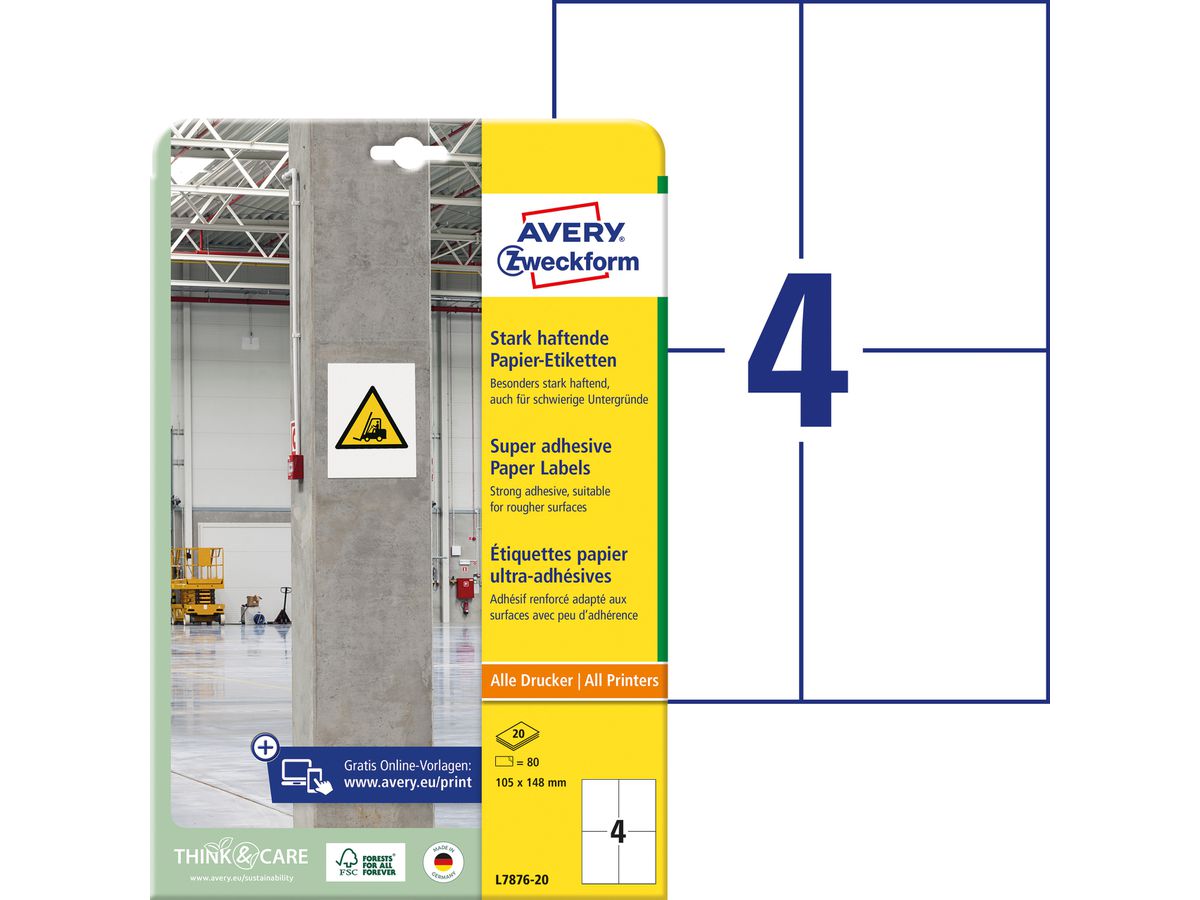 AVERY ZWECKFORM Etiquettes Univ. 105x148mm L7876-20 blanc, strong 20 feuilles (4004182070086)