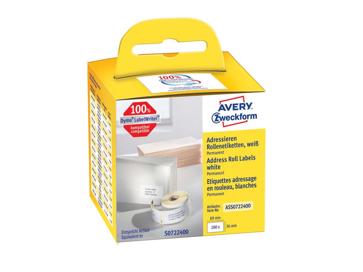 AVERY ZWECKFORM Etiquettes d'adresse 89x36mm ASS0722400 blanc, rouleau 260 pcs. (4004182617014)
