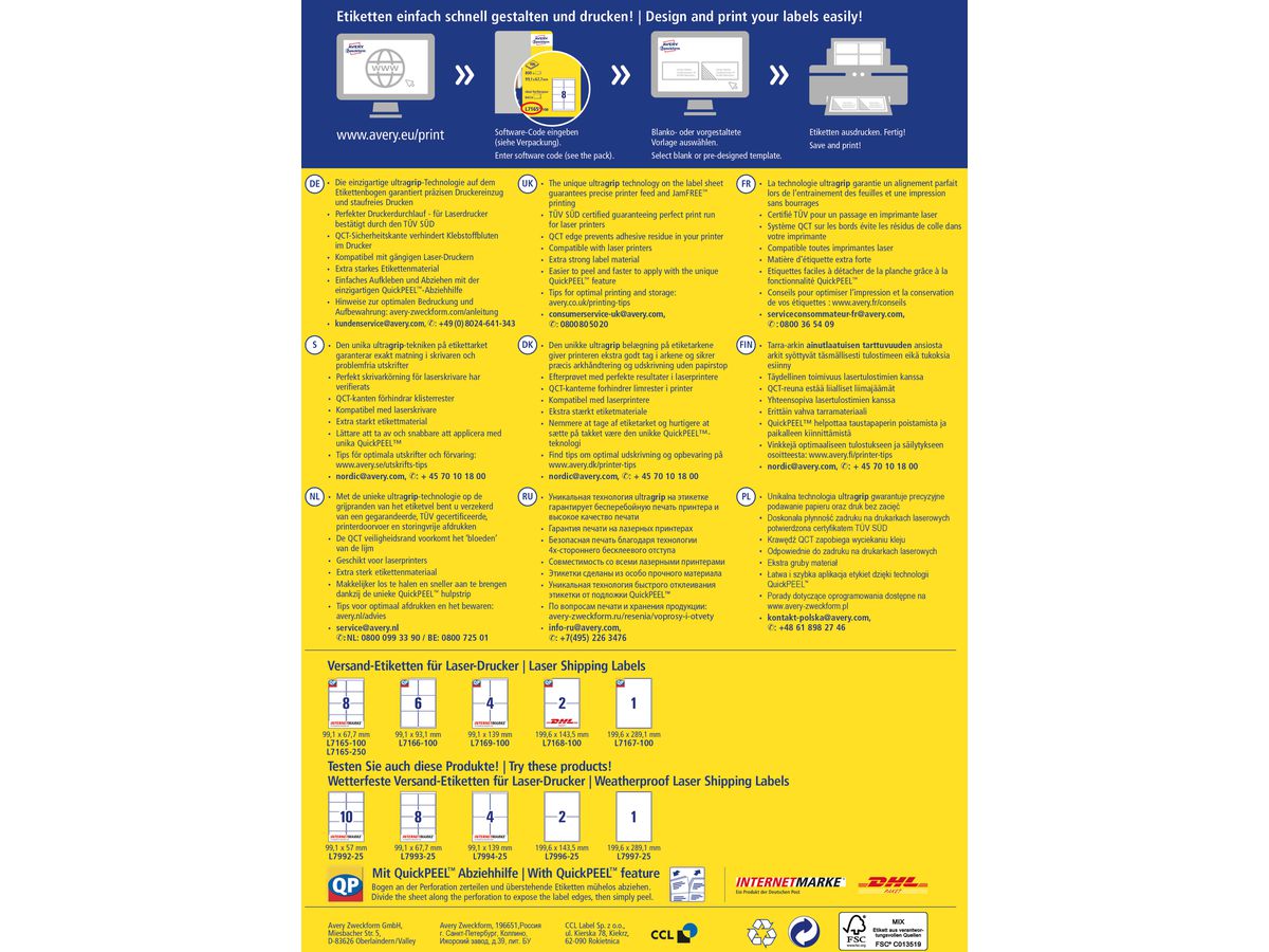 AVERY ZWECKFORM Etiquettes adr. 199,6x143,5mm L7168-100 blanc 200 pcs./100 flls. (4004182471685)