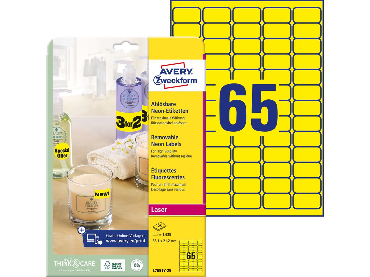 AVERY ZWECKFORM Etiquettes 38,1x21,2mm L7651Y-25 jaune 1625 pcs. (4004182608395)