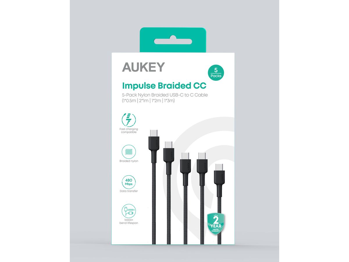 AUKEY USB-C-to-C Cable CB-CD37A 5 Pack,1x 2m,3x1m,1x0.5m (0689323787562)