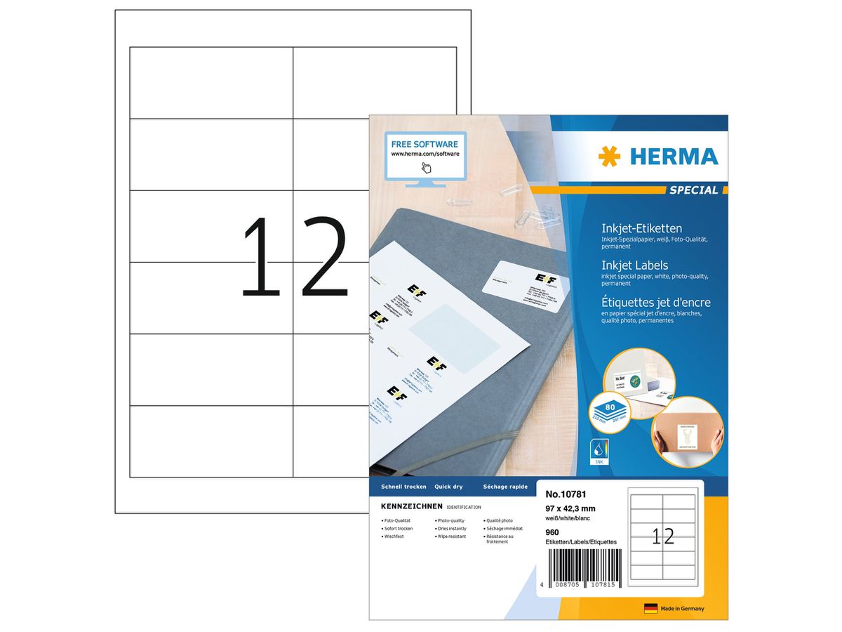 HERMA Etichette Inkjet 97x42.3mm 10781 bianco 960 pezzi/80 fogli (4008705107815)