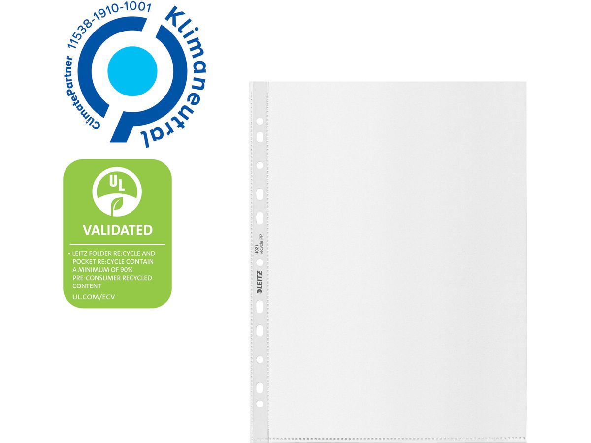 LEITZ Dossier PP Recycle A4 4021-00-03 trasparente, 100my 25 pezzi (4002432128082)