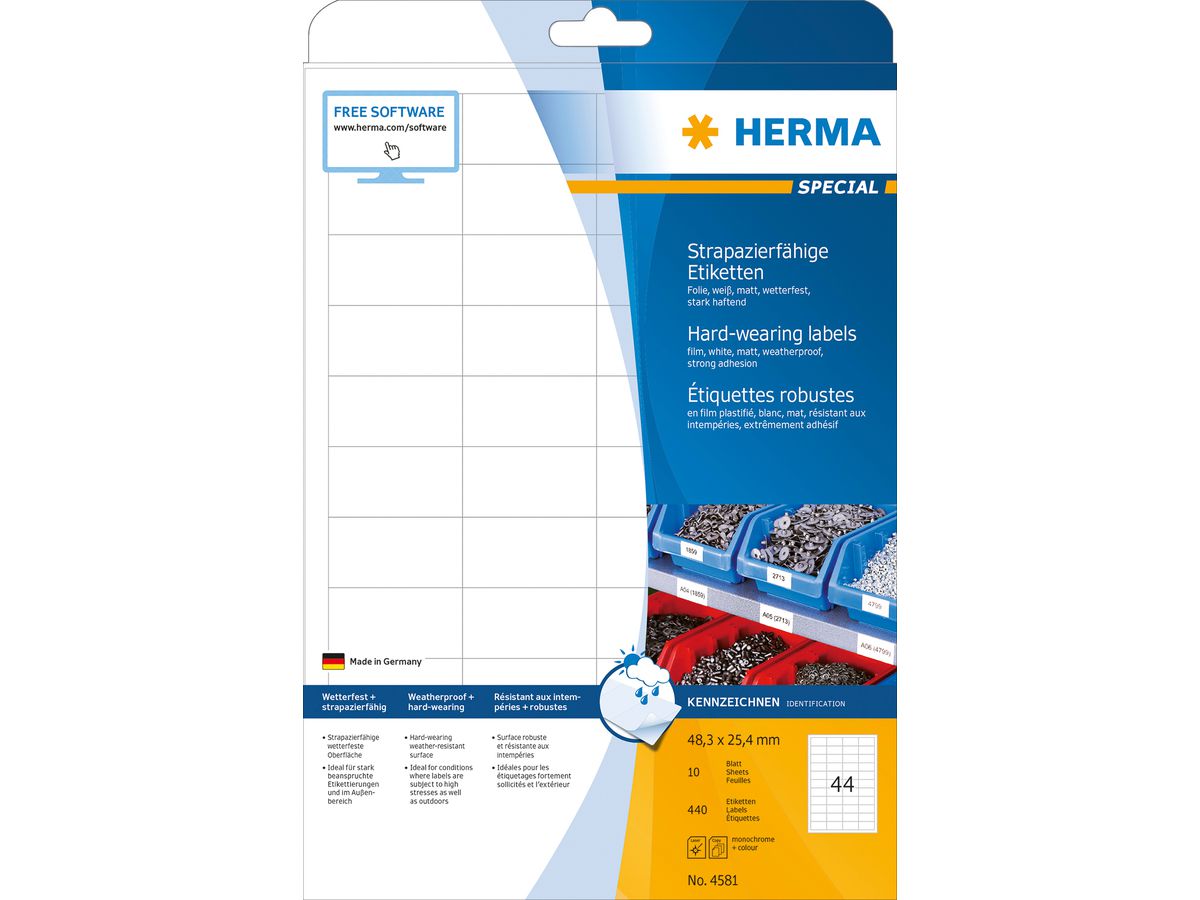 HERMA Folienetiketten 48,3x25,4mm 4581 weiss,PP matt 440 Stk./10 Bl. (4008705045810)