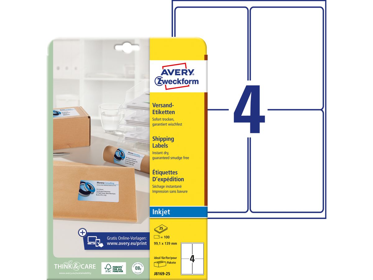 AVERY ZWECKFORM Etiquettes adress. 99,1x139mm J8169-25 blanc 100 pcs. (4004182235270)