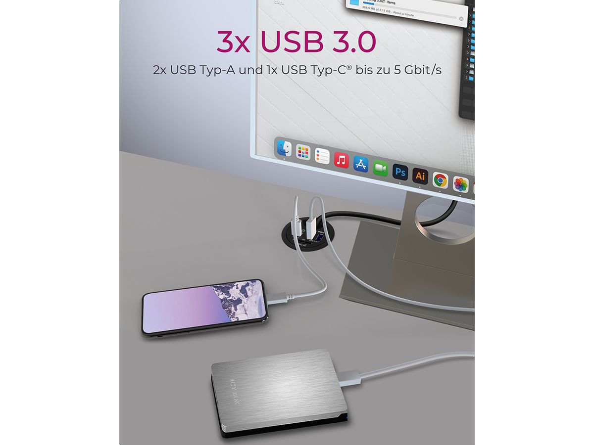 ICY BOX In-Desk USB Hub 60 mm black IB-HUB1404A 2x USB 3.0, USB-C, 3,5mm, SD (4250078166306)