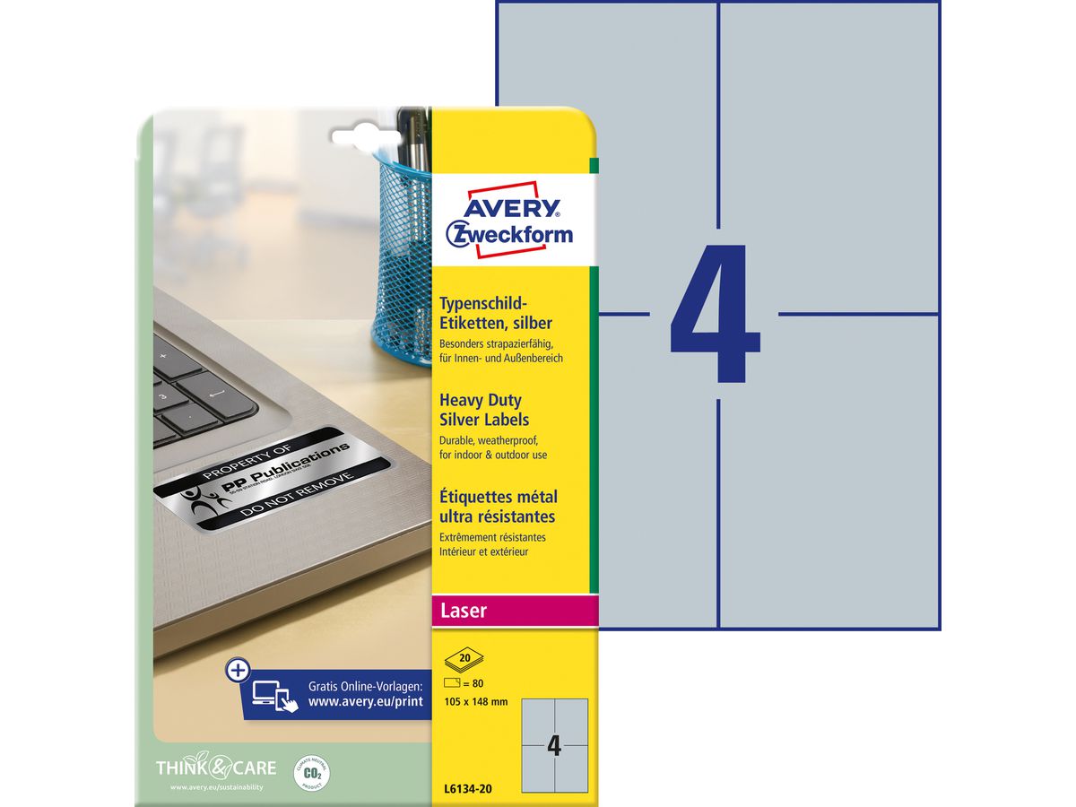 AVERY ZWECKFORM Etichette targa 105x148mm L613420 argento 80 pezzi/20 fogli (4004182049846)