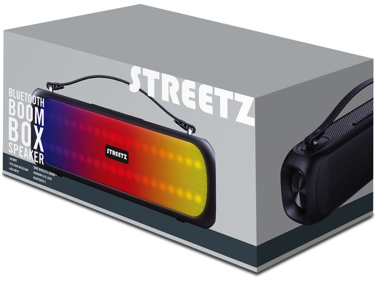 STREETZ BT Boombox 2x7.5 W CMB-110 Black,AUX,USB flash,LED,IPX5 (7333048057471)