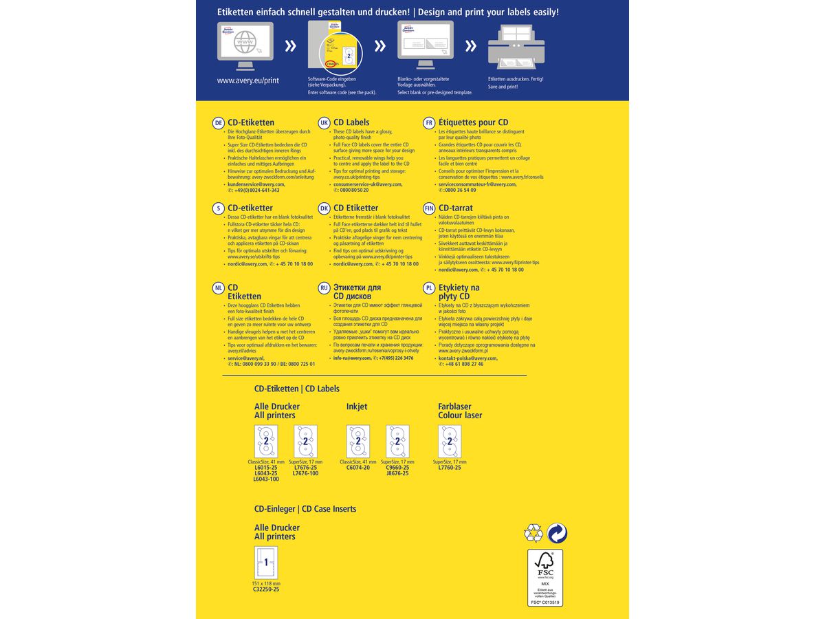 AVERY ZWECKFORM Etikette f. CD, glossy 117mm C9660-25 InkJet,SuperSize 50 St./25 Bl. (4004182233849)