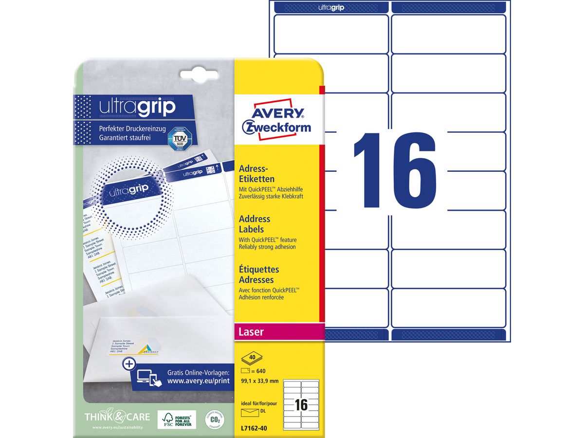 AVERY ZWECKFORM Adressetiketten 99,1x33,9mm L7162-40 weiss 640 Stk./40 Blatt (4004182235218)