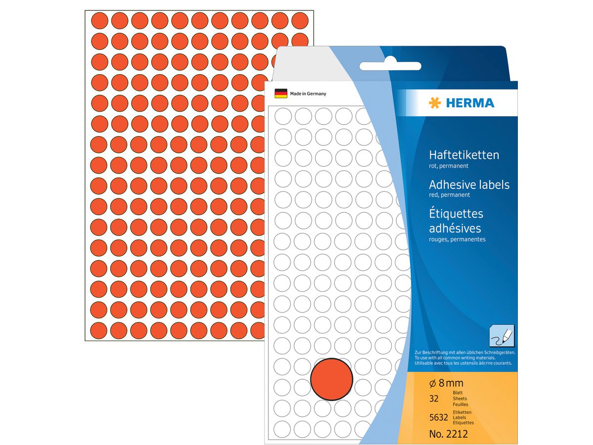 HERMA Etiketten rund 8mm 2212 rot 5632 Stück (4008705022125)