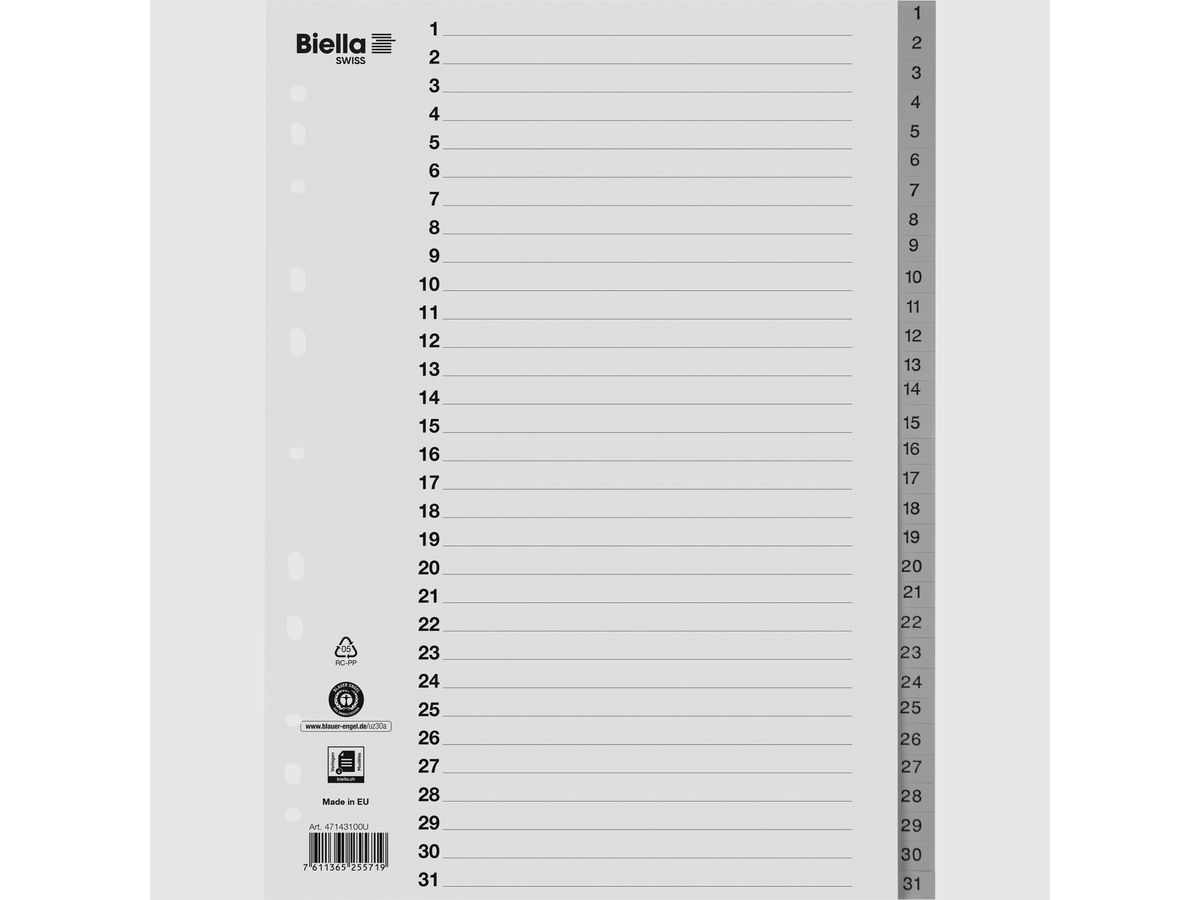 BIELLA Registro PP A4 47143100U grigio 1-31 (7611365255719)