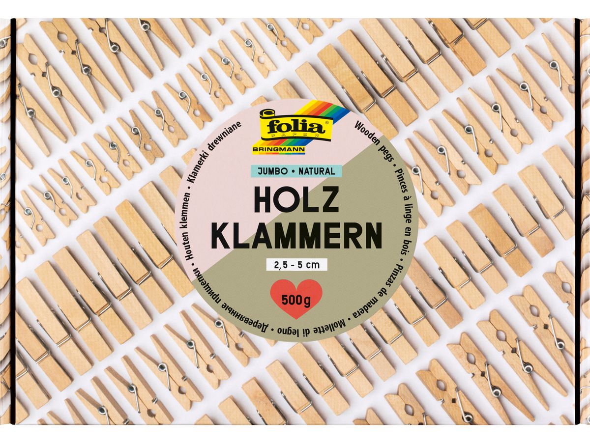 FOLIA Clips en bois natural 500g 22994 Jumbo Pack, 2.5-5 cm (4001868140897)
