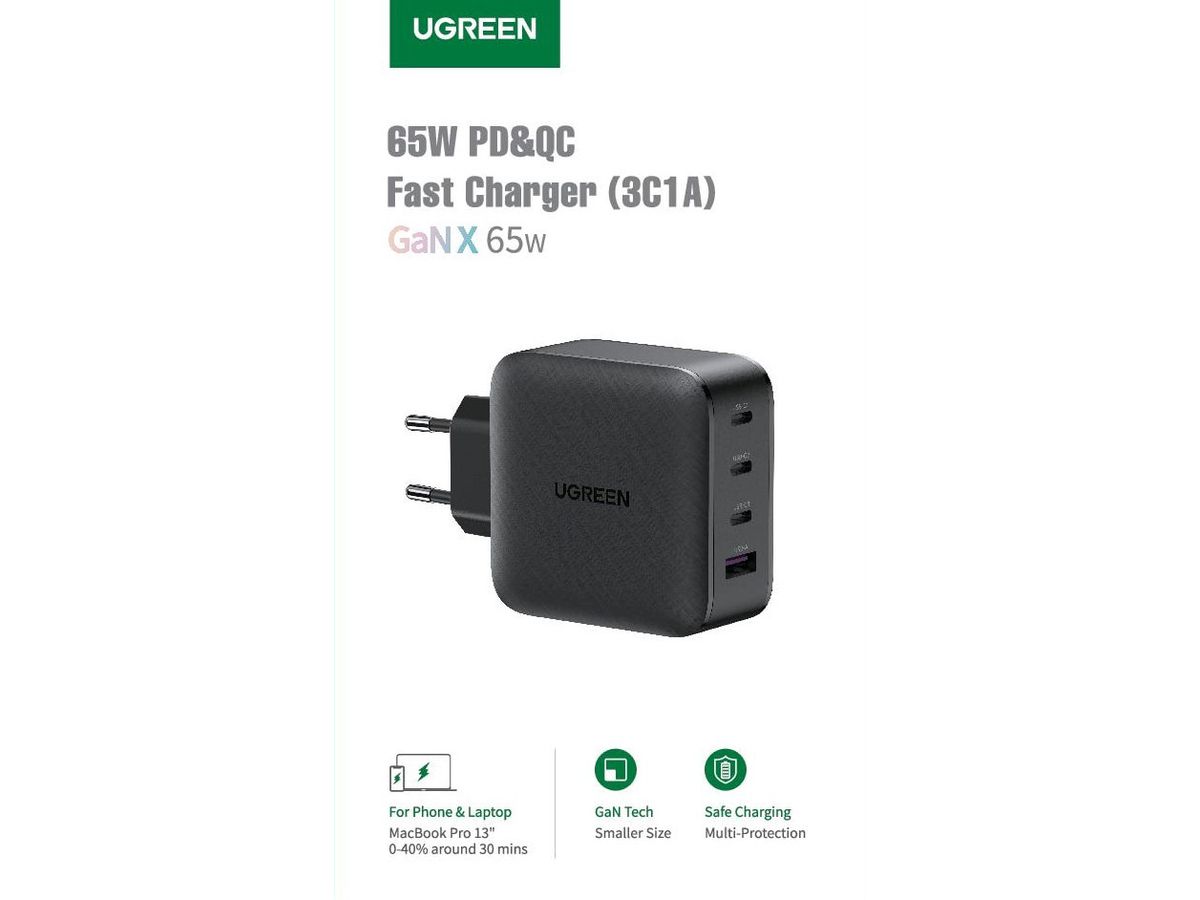 UGREEN USB Wall Charger 65W 4-Port 70774 PD GaN 3xUSB-C,1xUSB-A,Black (6957303877744)