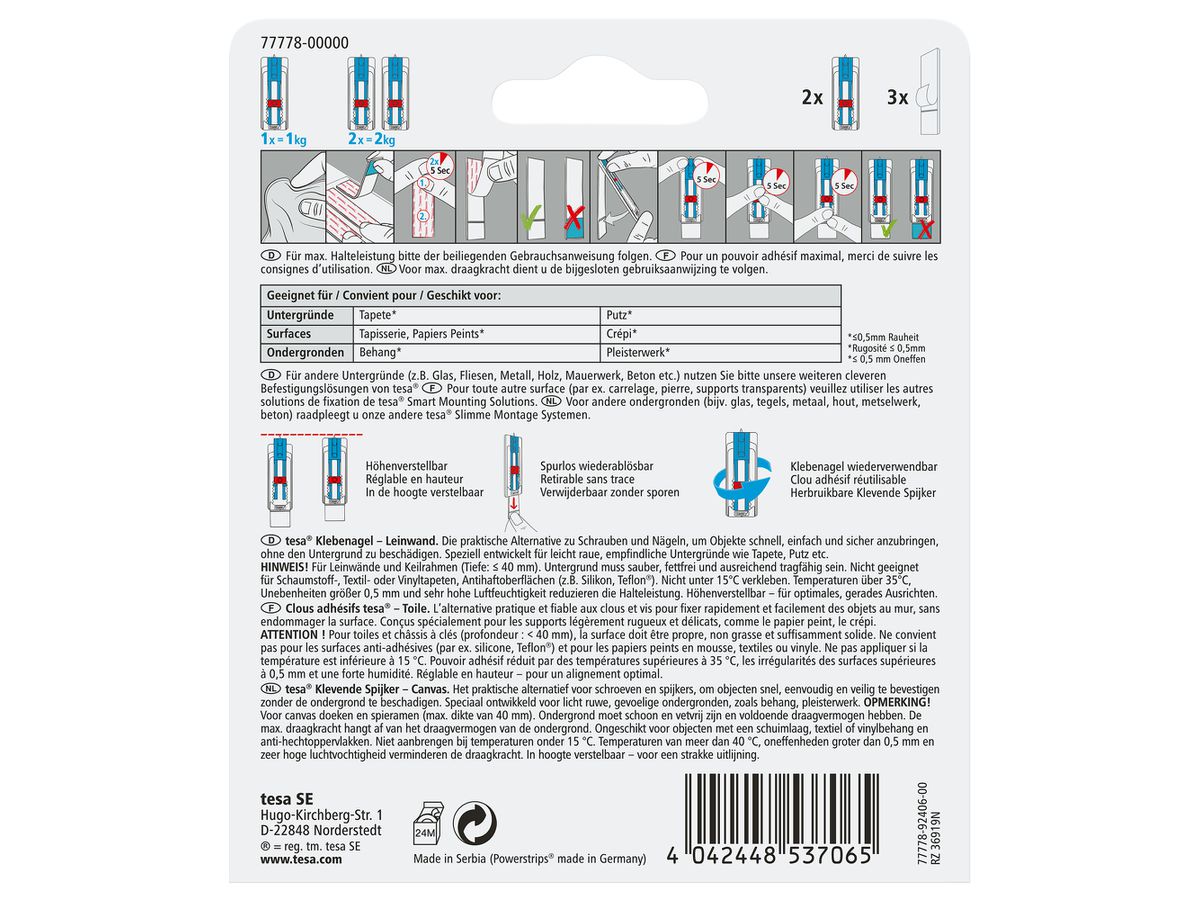 TESA Pin adesivo 2x1kg 77778-00000 Carta da parati & intonaco (4042448537065)