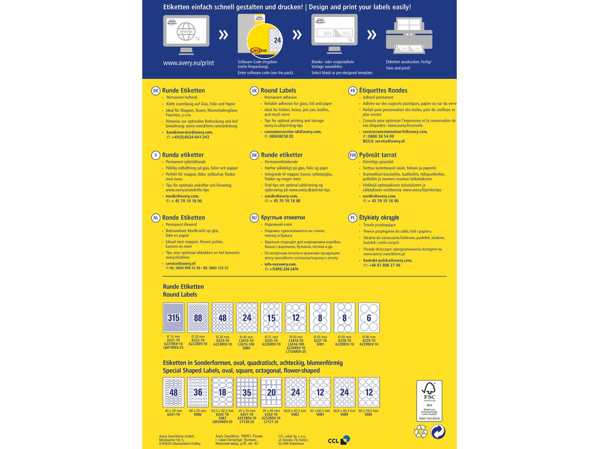AVERY ZWECKFORM Etichette A4/60mm L3416-100 bianco 1200 pezzi (4004182034163)