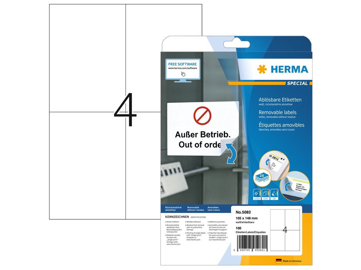 HERMA Etiketten SPECIAL 105x148mm 5082 weiss,non-perm. 100 St./25 Bl. (4008705050821)