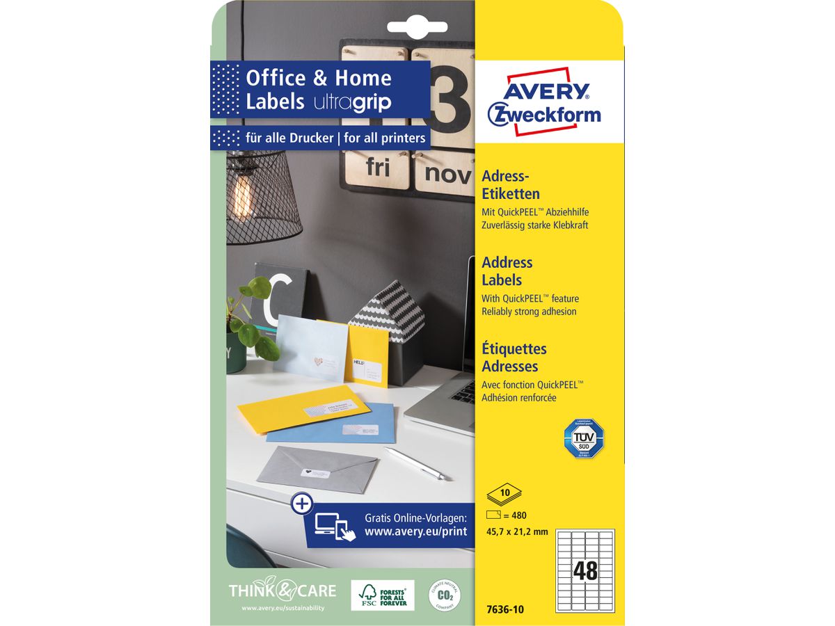 AVERY ZWECKFORM Etiketten 21.2x45.7mm 7636-10 weiss, perm. 10 Blatt/48 Stk. (4004182376362)