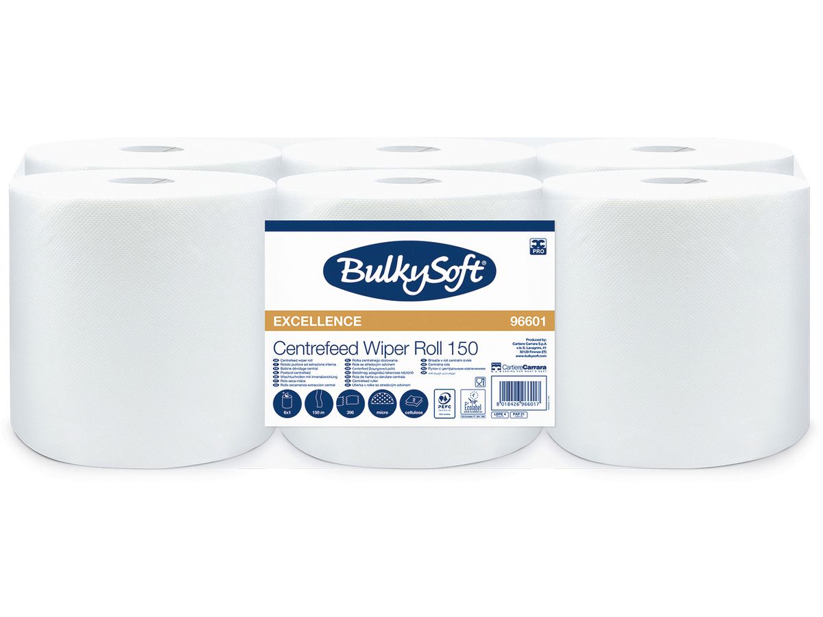 BULKYSOFT Putztuchrolle 2-lagig 19x38cm 26137 Midi, Premium weiss 6 Rollen (8018426966017)