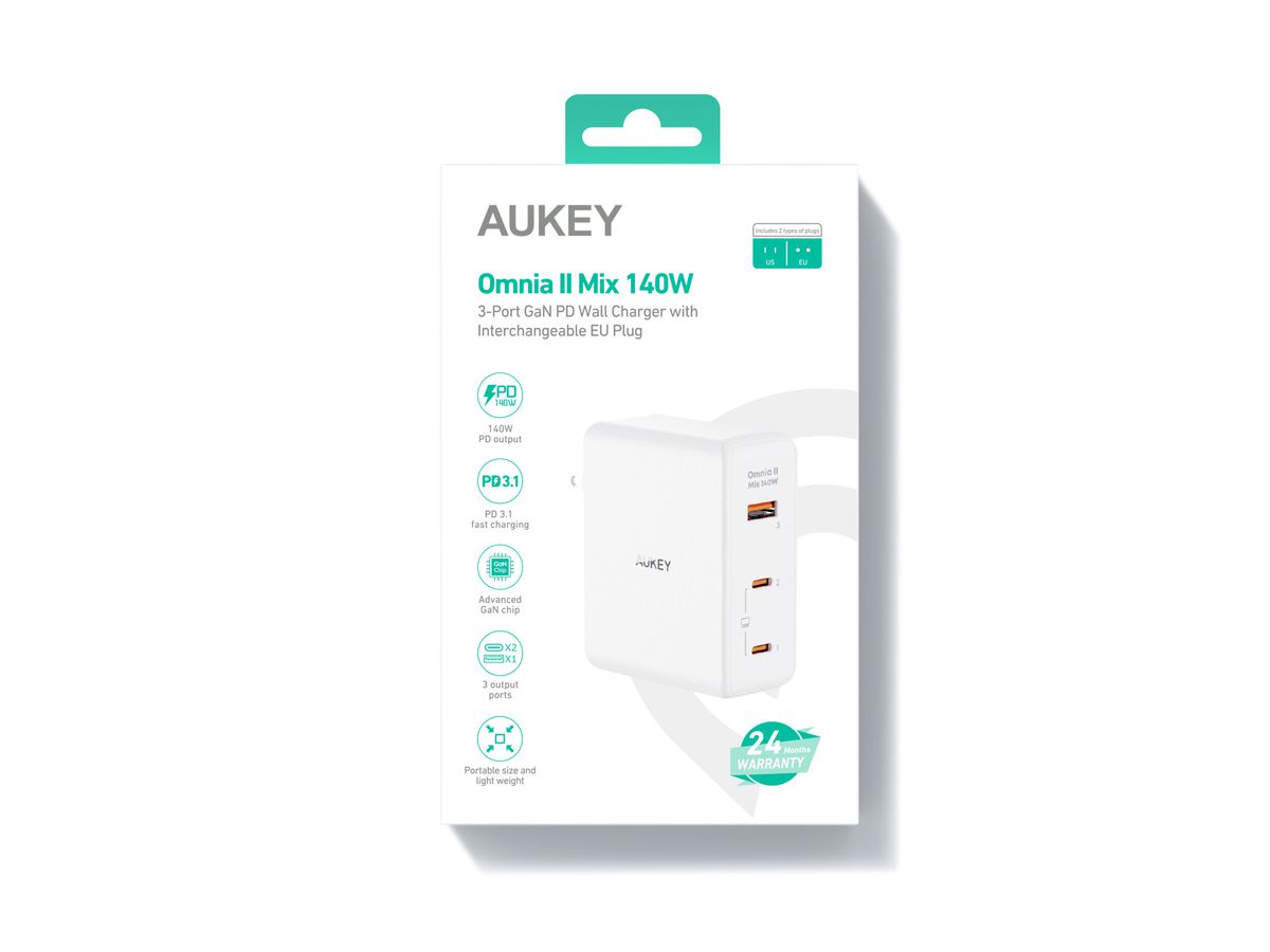 AUKEY OmniaMix II 140W GaN PD PA-B7O WH 3-Port, Wall charger White (0689323785797)