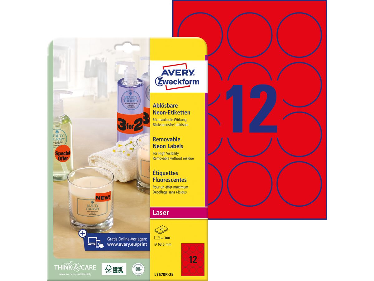 AVERY ZWECKFORM Etiketten 63,5mm L7670R-25 rot 300 Stück (4004182608401)
