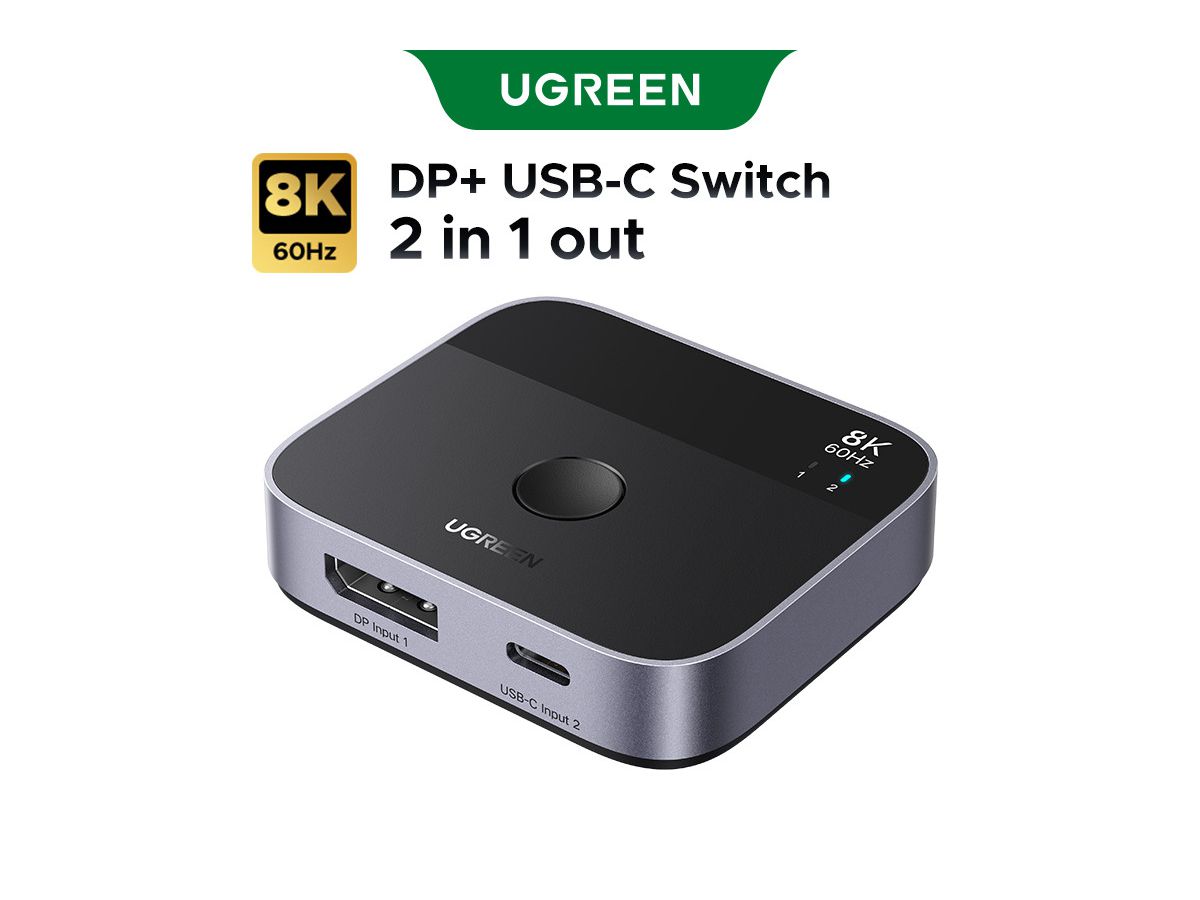 UGREEN Switch 2 In 1 Out 65878 DisplayPort+USB-C, Grey,BB (6941876268788)