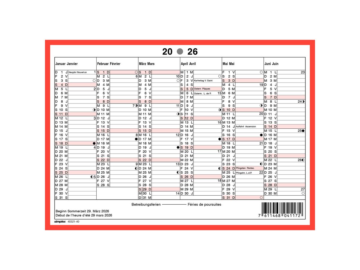 SIMPLEX Calendrier mural 2026 4032140.26 6M/1P rouge/blanc AL/FR A5 (7611468041172)